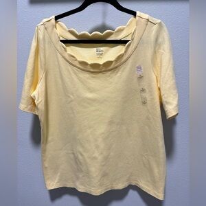 Kim Rogers Perfectly Soft Tee Scallop neckline, Elbow Sleeve, Yellow, Size Large